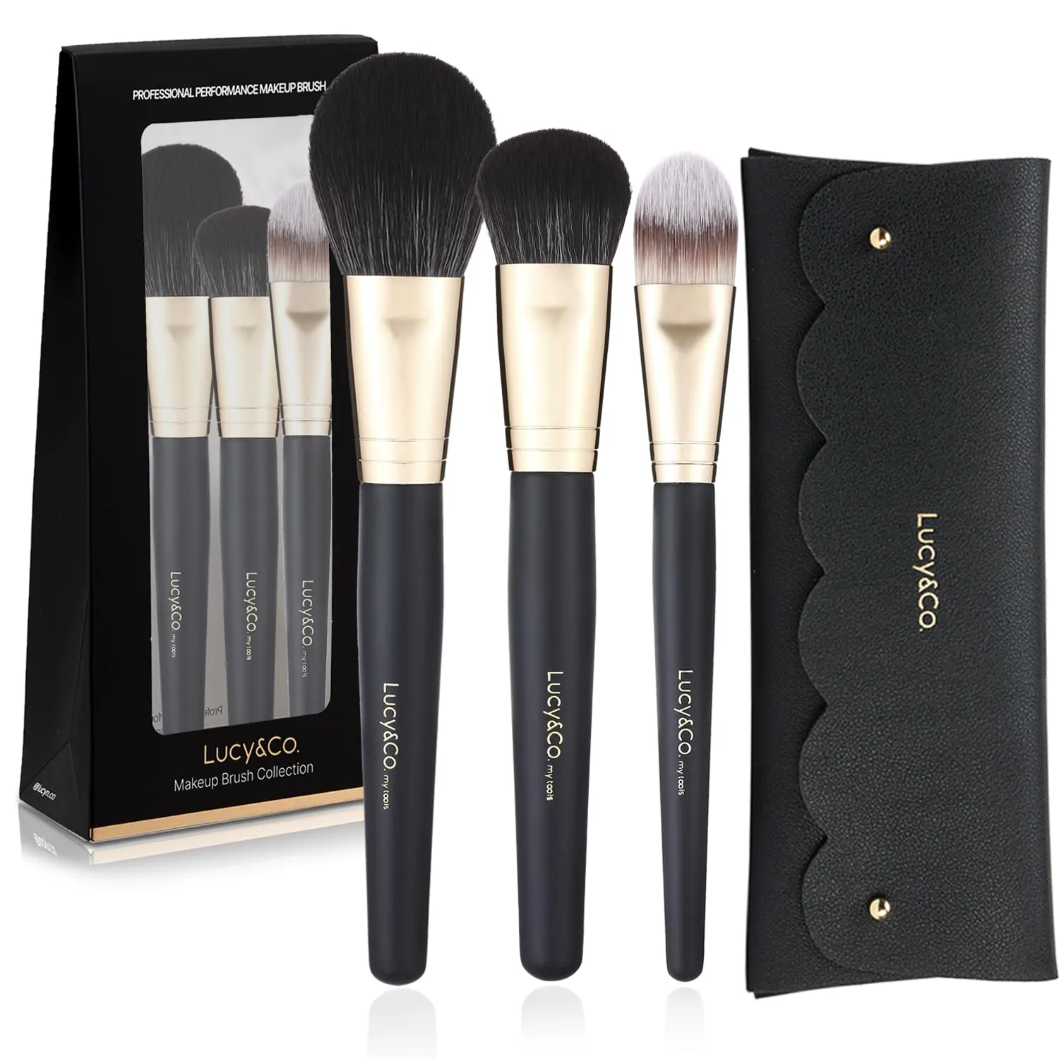 Lucy&Co. Makeup Brush Set With Pouch, Premium Synthetic, Vegan (Face3Pcs Bag) Black