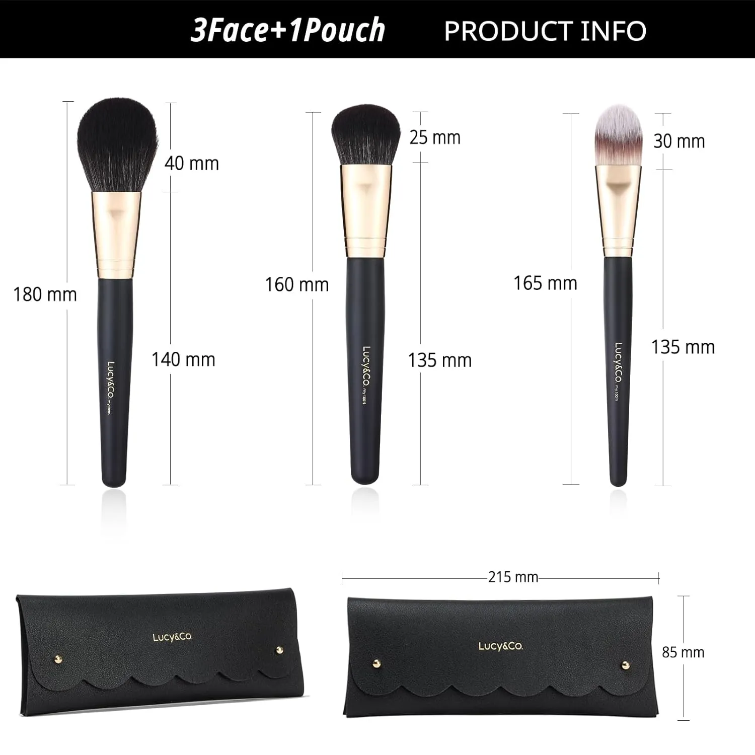 Lucy&Co. Makeup Brush Set With Pouch, Premium Synthetic, Vegan (Face3Pcs Bag) Black