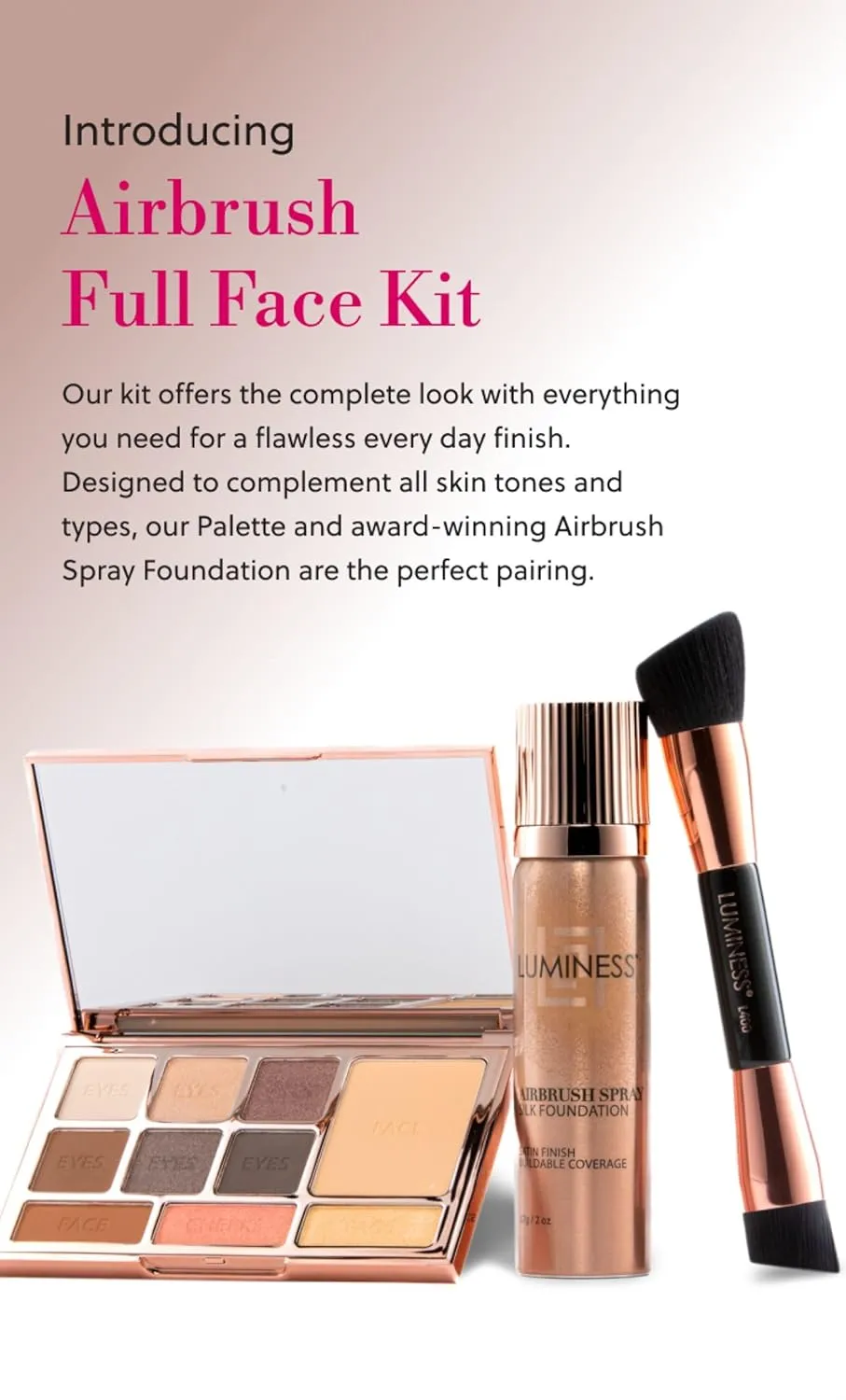 LUMINESS Complete Makeup Kit - Includes Face Palette, Airbrush Foundation, Primer and Brush - Silky, Long-Wearing, Easy to Blend, Perfect Makeup for Older Women, 4-PC Make Up Set (03 - Light Medium)
