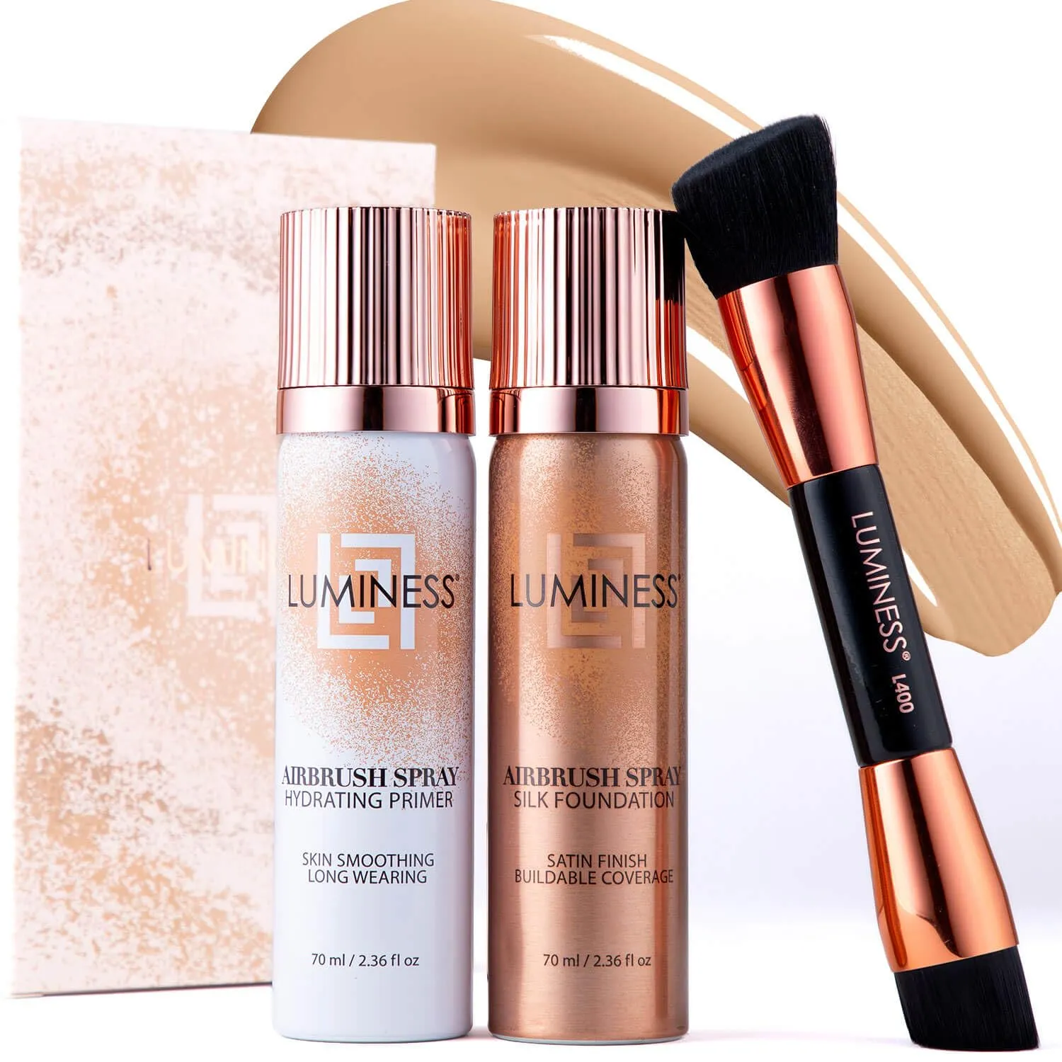 LUMINESS Complete Makeup Kit - Includes Face Palette, Airbrush Foundation, Primer and Brush - Silky, Long-Wearing, Easy to Blend, Perfect Makeup for Older Women, 4-PC Make Up Set (03 - Light Medium)