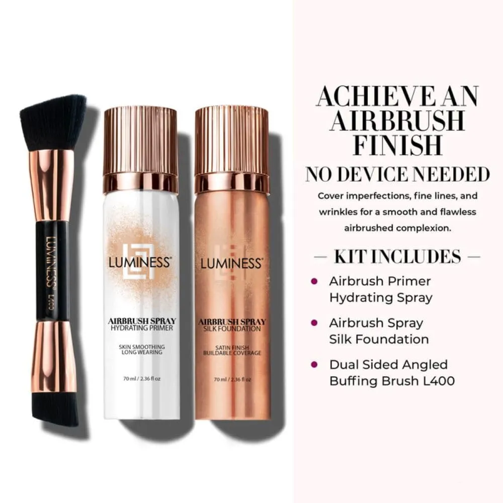 LUMINESS Complete Makeup Kit - Includes Face Palette, Airbrush Foundation, Primer and Brush - Silky, Long-Wearing, Easy to Blend, Perfect Makeup for Older Women, 4-PC Make Up Set (03 - Light Medium)