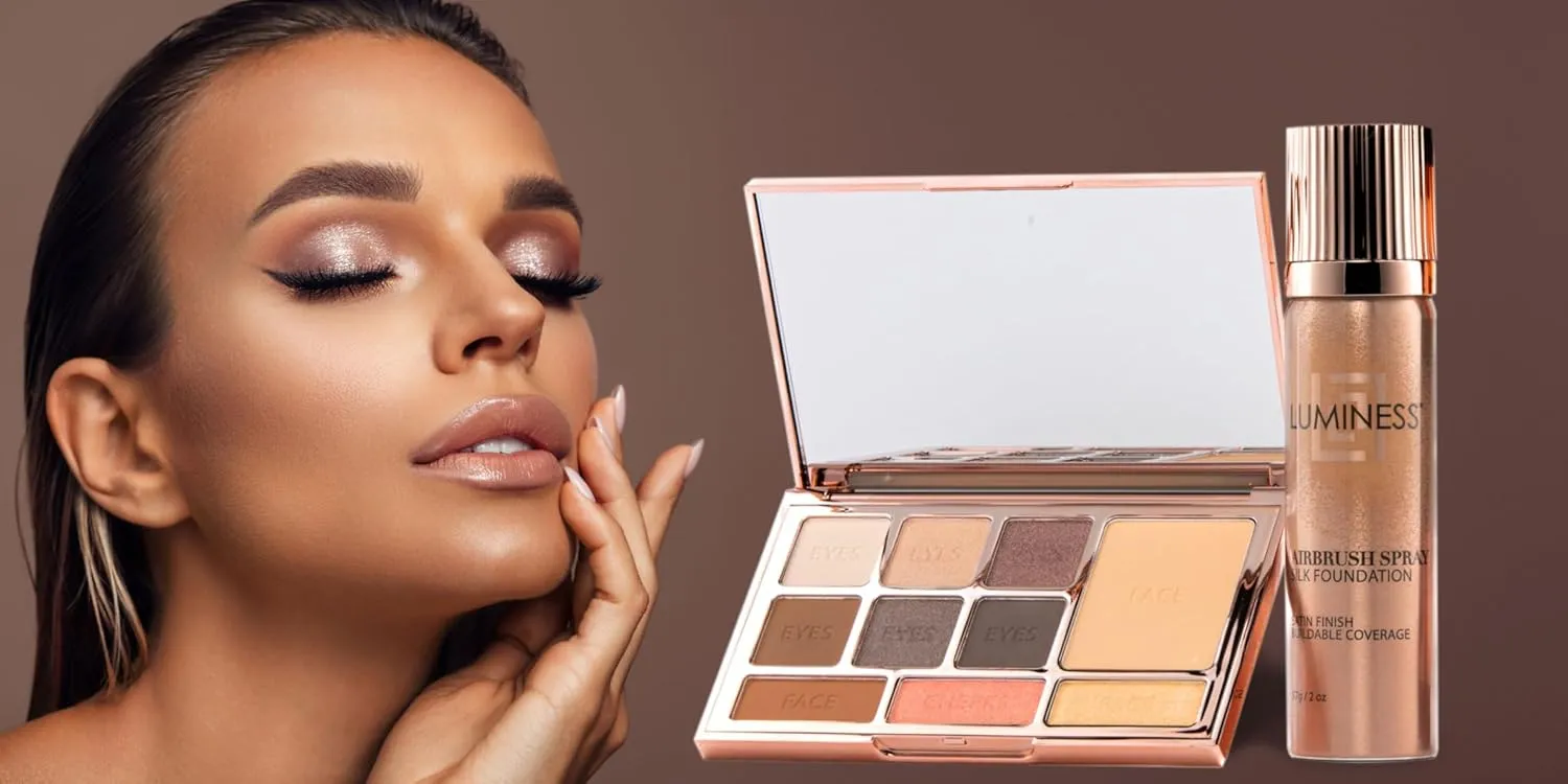 LUMINESS Complete Makeup Kit - Includes Face Palette, Airbrush Foundation, Primer and Brush - Silky, Long-Wearing, Easy to Blend, Perfect Makeup for Older Women, 4-PC Make Up Set (03 - Light Medium)
