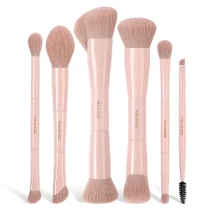 MAANGE Makeup Brush Set 6 Pcs Double-Ended Makeup Brushes for Foundation Eyeshadow Contour Blush Highlighter Blending Powder Concealers Brushes (Pink)