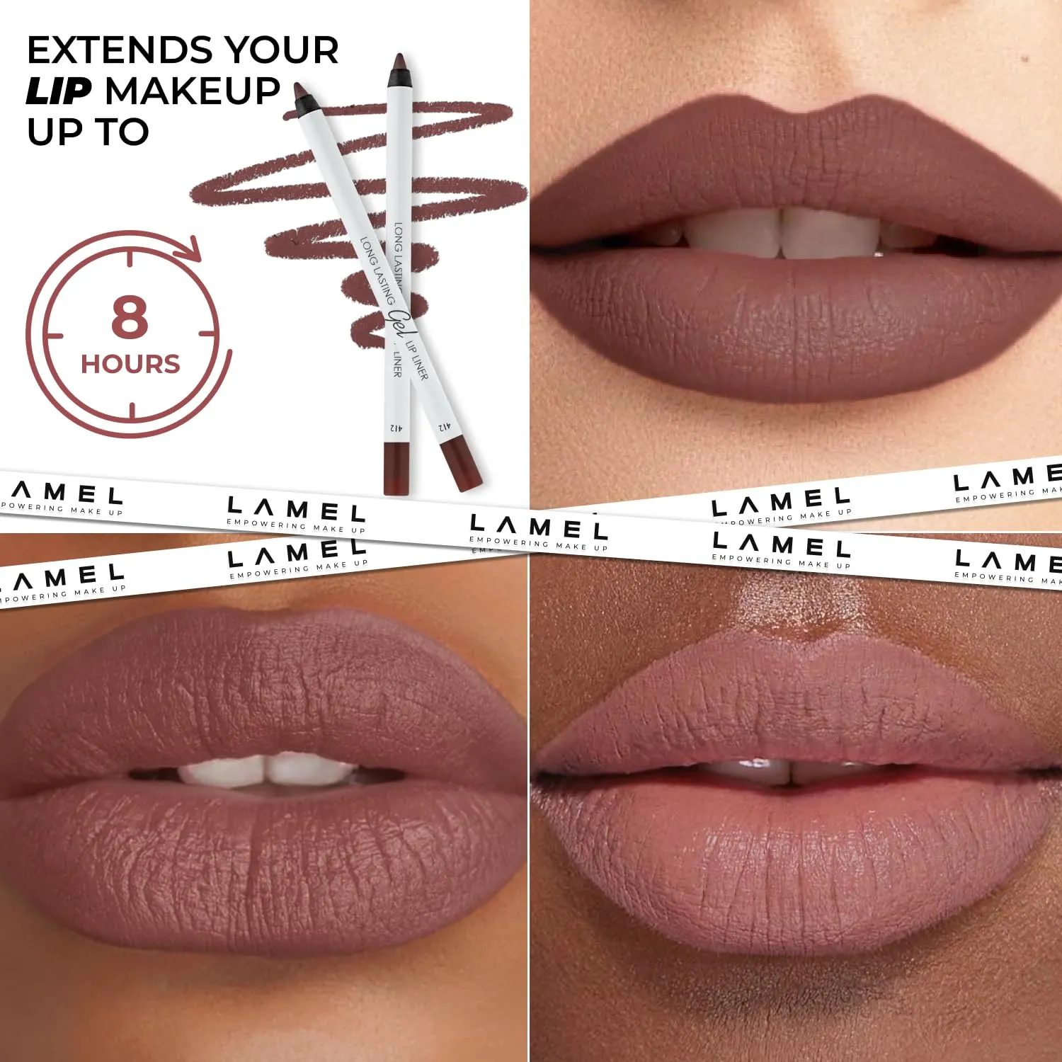 Matte Gel Lip Liner Pencil 5 Pcs Set - Creamy, Sharpenable, Longwear, Waterproof Lip Combo - Intense Brown 414, Berry 404, Chilli 413, Mauve 410 and Spicy Nude 412