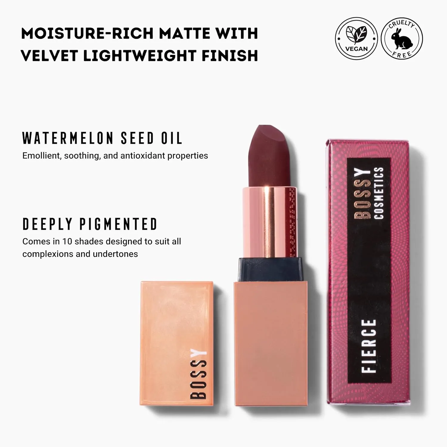 Matte, Long Lasting, Hydrating Vegan Lipstick with Vitamin E and Watermelon Seed Oil (Fierce - Dark Wine Color)