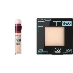 Maybelline Instant Age Rewind Eraser Dark Circles Treatment Multi-Use Concealer, 110, 1 Count (Packaging May Vary) & Fit Me Matte   Poreless Pressed Face Powder Makeup & Setting Powder