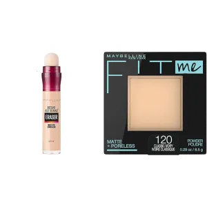 Maybelline Instant Age Rewind Eraser Dark Circles Treatment Multi-Use Concealer, 115, 1 Count & Fit Me Matte   Poreless Pressed Face Powder Makeup & Setting Powder, Classic Ivory, 1 Count