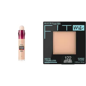 Maybelline Instant Age Rewind Eraser Dark Circles Treatment Multi-Use Concealer, 120, 1 Count (Packaging May Vary) & Fit Me Matte   Poreless Pressed Face Powder Makeup & Setting Powder, Creamy Beige