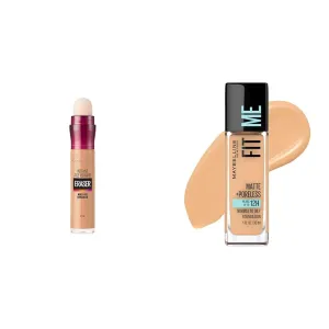 Maybelline Instant Age Rewind Eraser Dark Circles Treatment Multi-Use Concealer,130 & Fit Me Matte   Poreless Liquid Oil-Free Foundation Makeup, Natural Buff