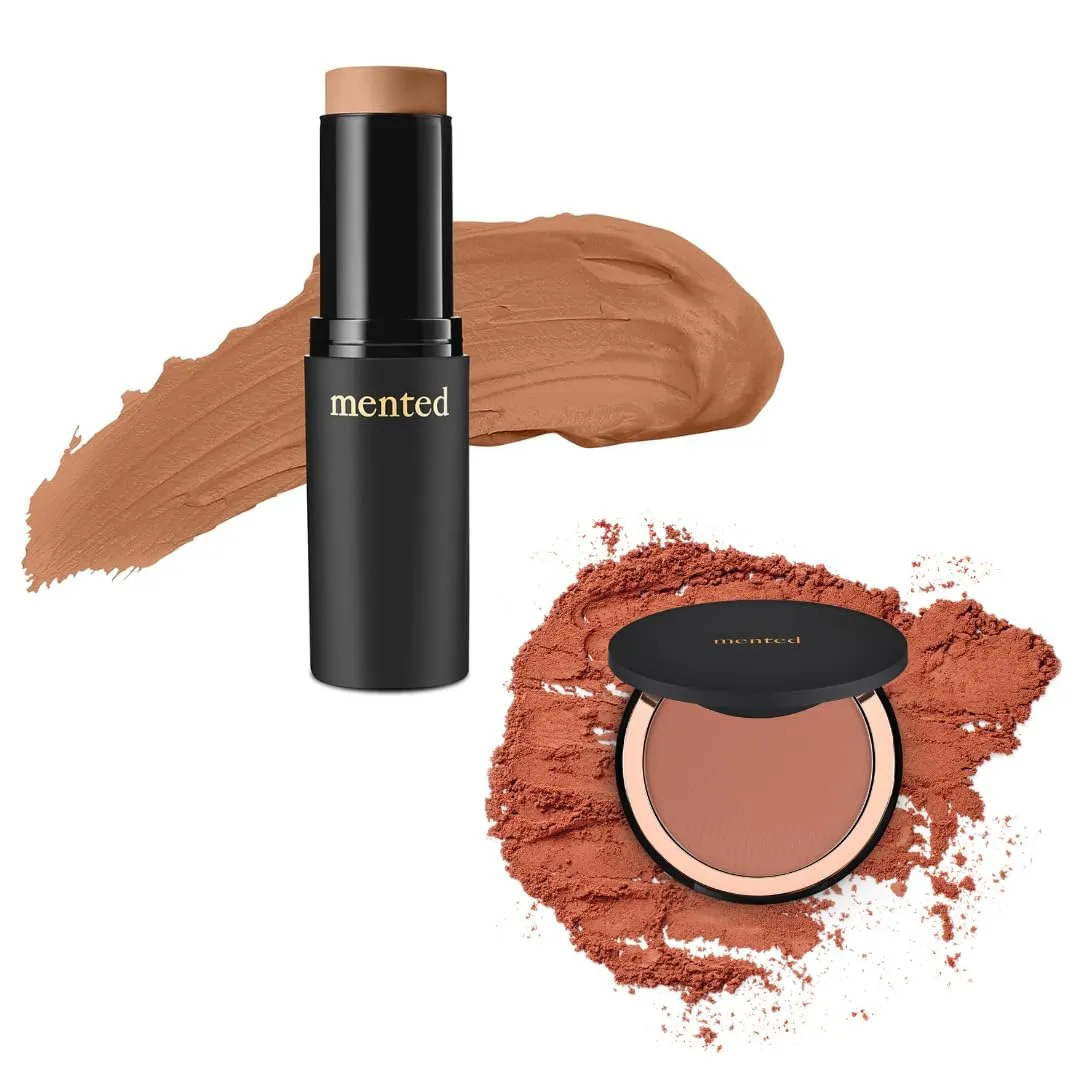 Mented Cosmetics Stick Foundation, Concealer & Contour Stick for Dark Skin, Cream Foundation for Black Women Makeup, T30   Highlighter Bronzing Powder Palette with Vitamin E   A, 0.35oz, Vacay Bundle