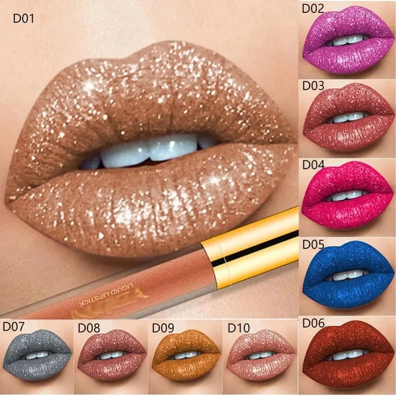 Metallic Liquid Diamond Glitter Lipstick, Diamond Glitter Lipstick Set, Shimmer High Pigment Lip Gloss, Metallic Liquid Lipstick Long Lasting Waterproof Lip Gloss Makeup Kit (#06)