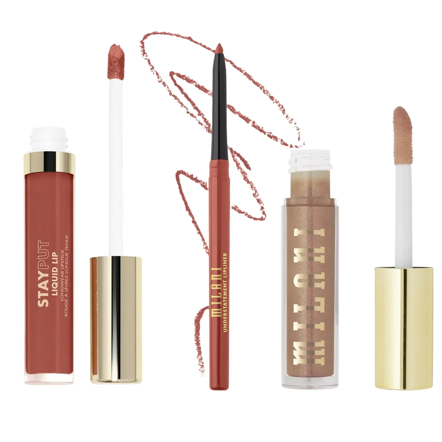 Milani Stay Put Longwear Liquid Lipstick Vibe   Understatement Lipliner Pencil - Highly Pigmented Retractable Soft Lip Liner Pencil   Keep It Full Nourishing Lip Plumper - Nude Shimmer