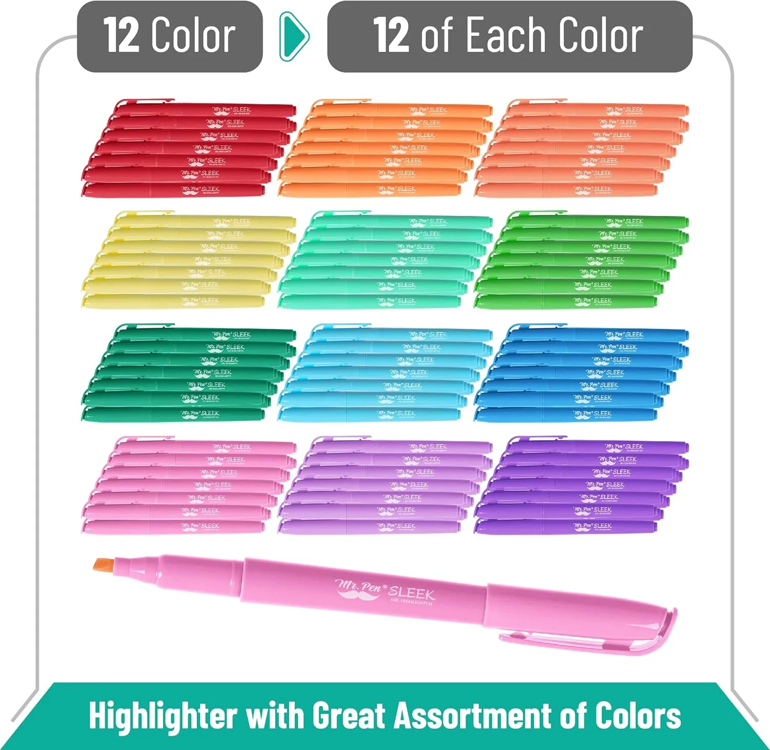 Mr. Pen Highlighter Set - 144 Pack Pastel Chisel Tip Highlighters, No Bleed, Assorted Colors