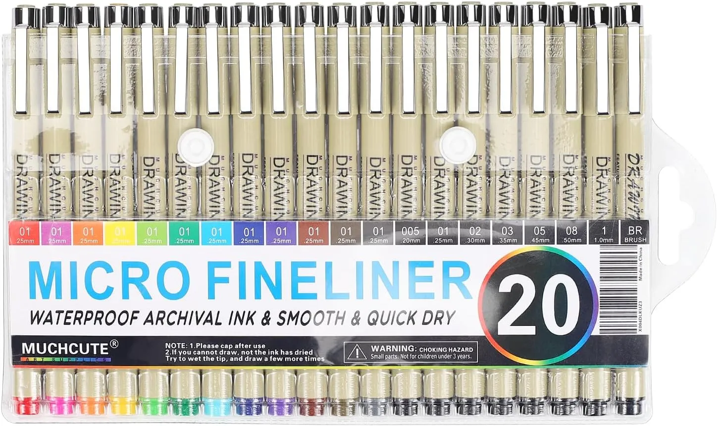 Muchcute Micro Fineliner Drawing Art Pens: 20 Set (12 Colors & 8 Black) Extra Fine Line Waterproof Ink Artist Supplies Archival Inking Ultra Thin Markers Sketch Sketching Watercolor Zentangle Stuff