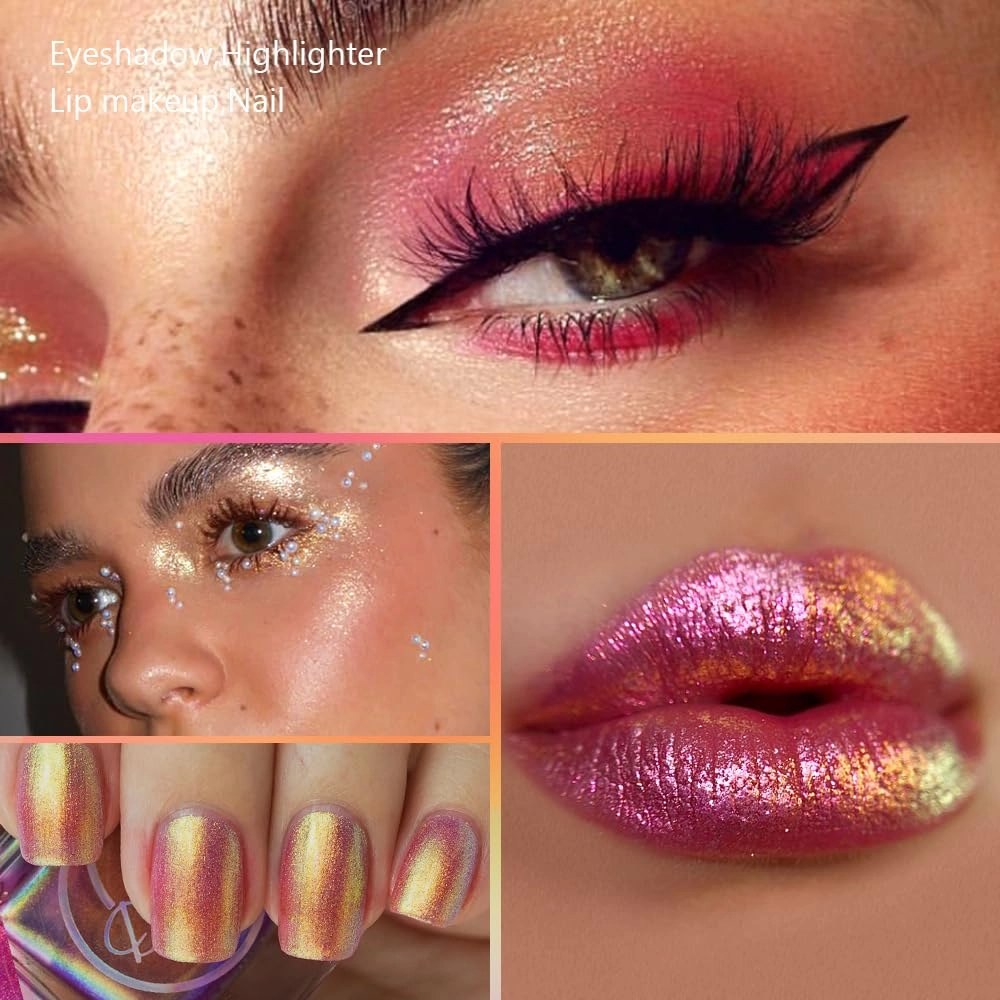 Multichrome Metallic Glitter Eyeshadow - High Impact Multi-colors Shift Eye Looks, Intense Color Shifting,Pink Gold Green,Yellow, High Pigmented With No Creasing,Lip Topper, Nail Topper & Highlighter…