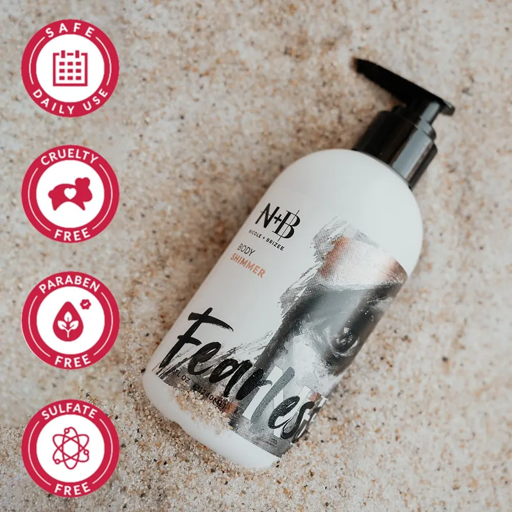 N B Fearless Body Shimmer Lotion | Non-Sticky, Moisturizing, Body Highlighter | Made w/Alma Extract & Vitamin C | For Face, Hand, Body & All Skin Types, Rough, Dry Skin, Sensitive | 8oz