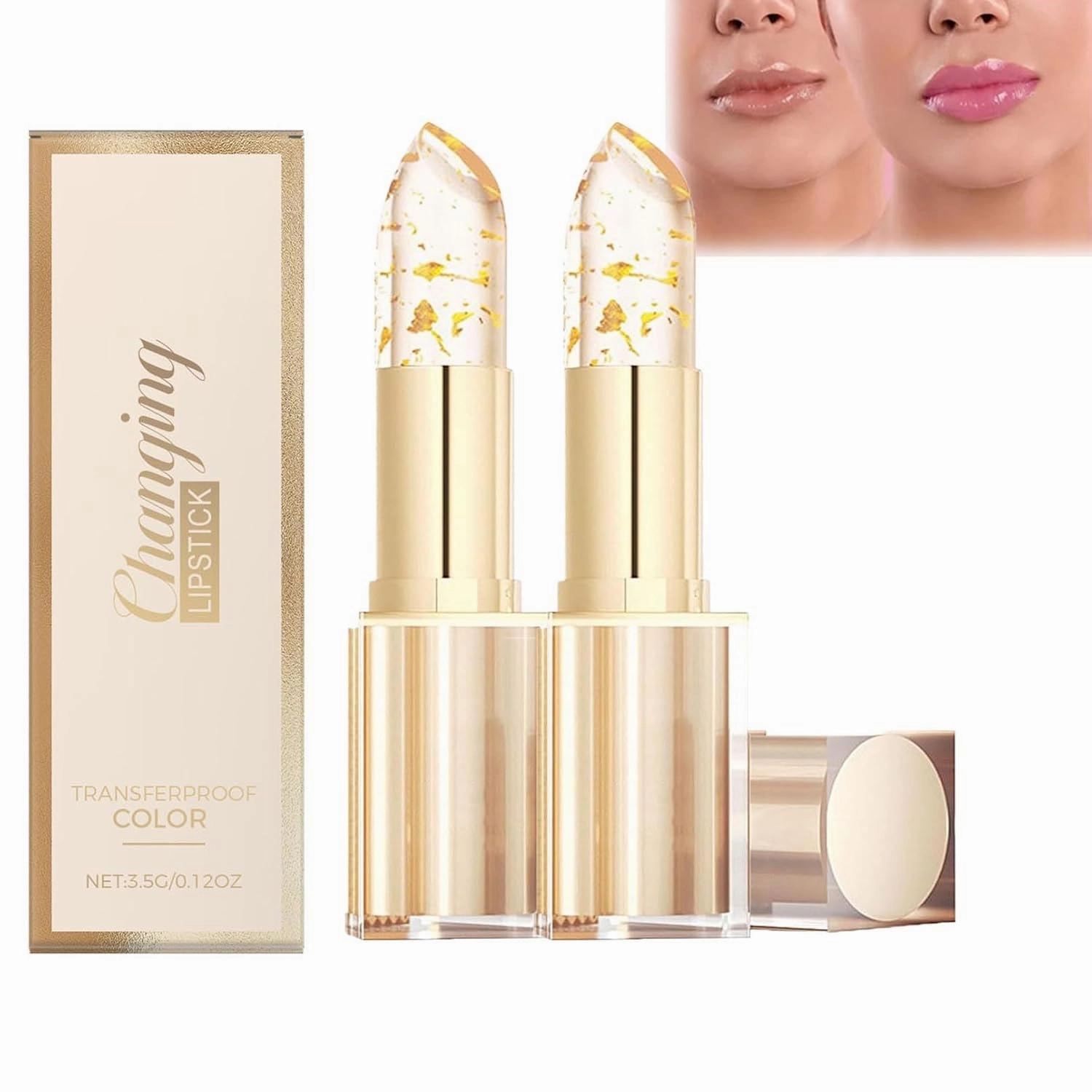Novealcrbe Mood Lipstick, Novealcrbe Gold Crystal Color Changing Lipstick, Mood Lip Stick Color Changing Long Lasting 24 Hours Moisturizing Glossy Shine Lip Gloss for Women (Gold, 2Pcs)