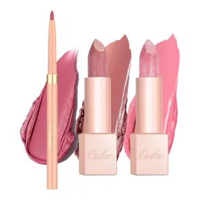Oulac Lipstick & Lipliner Set 3PCS High Impact Lipcolor with Moisturizing Formula, Vegan Beauty, Full-Coverage Lip Color, Gift Lipstick for Women, 04 PG05 PG10