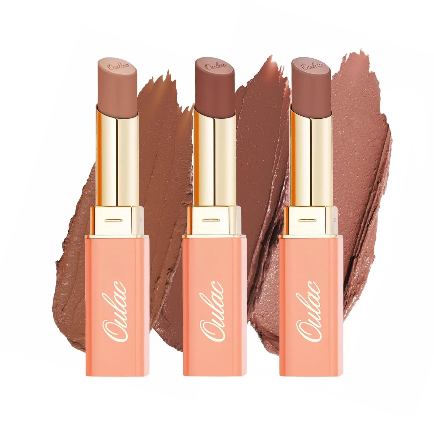 Oulac Satin Pink Brown Lipsticks Set, Nude Long Lasting Hydrating Lipstick, Full Coverage Lip Color, Satin Matte Finish, Vegan (04 10 15)