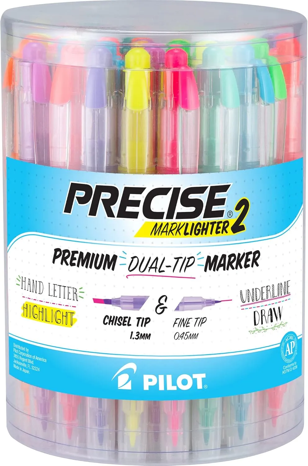 Pilot, Precise Marklighter2 Dual Tip Highlighters, Broad Chisel and Extra-Fine Bullet Point Tips, Assorted Colors, 36 Count Tub