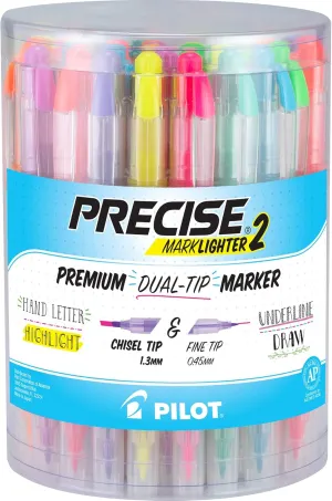 Pilot, Precise Marklighter2 Dual Tip Highlighters, Broad Chisel and Extra-Fine Bullet Point Tips, Assorted Colors, 36 Count Tub