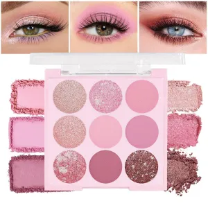 Pink Shimmer Eye Shadow Makeup Palette 9 Colors, Highly Pigmented Matte Glitter Shimmer Pearl Waterproof Party Sparkling Eyeshadow Palette