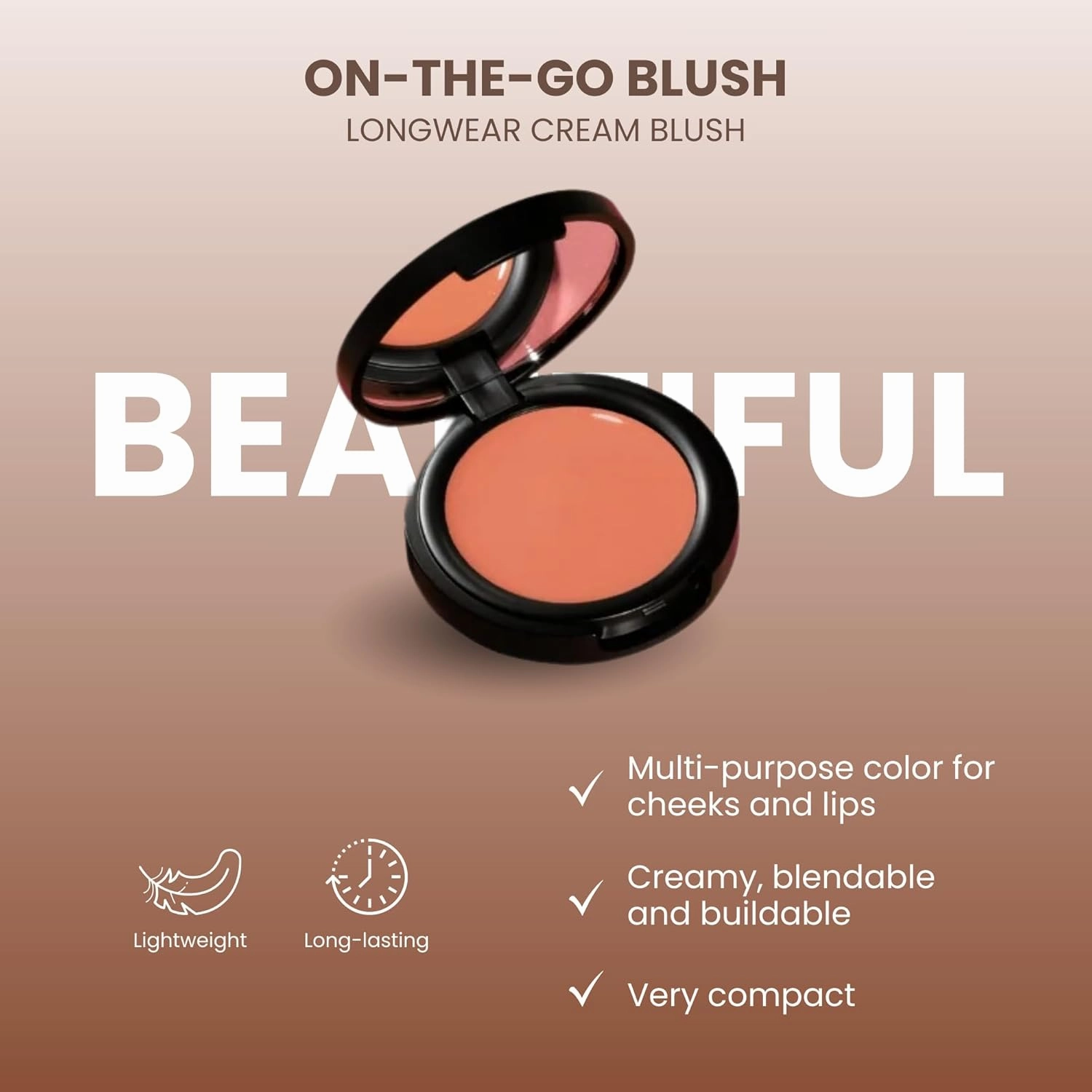 POISE Makeup HD Crème Lip and Cheek Compact | Long Lasting Cheek Blusher and Lip Stain Lipstick in One Hydrating for Skin Infused w/Shea Butter, BEAUTIFUL