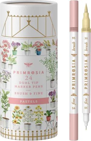 Primrosia 24 Pastel Dual Tip Markers, Fine Tip and Brush Pens. Perfect for art, illustration, drawing, calligraphy and bullet journals