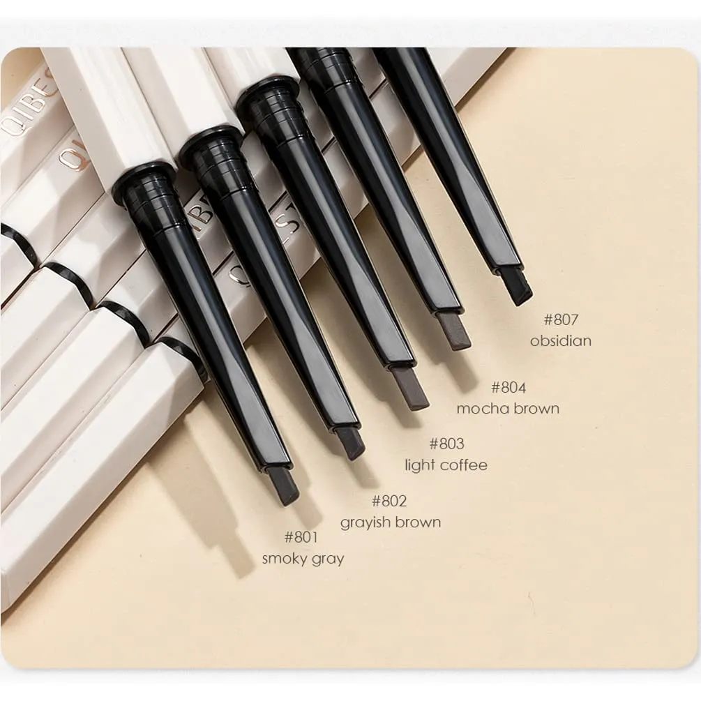 QiBest double-headed ultra-fine eyebrow pencil triangle waterproof and sweat-proof long-lasting 5 color makeup natural eyebrow cream is not easy to take off makeup (E)