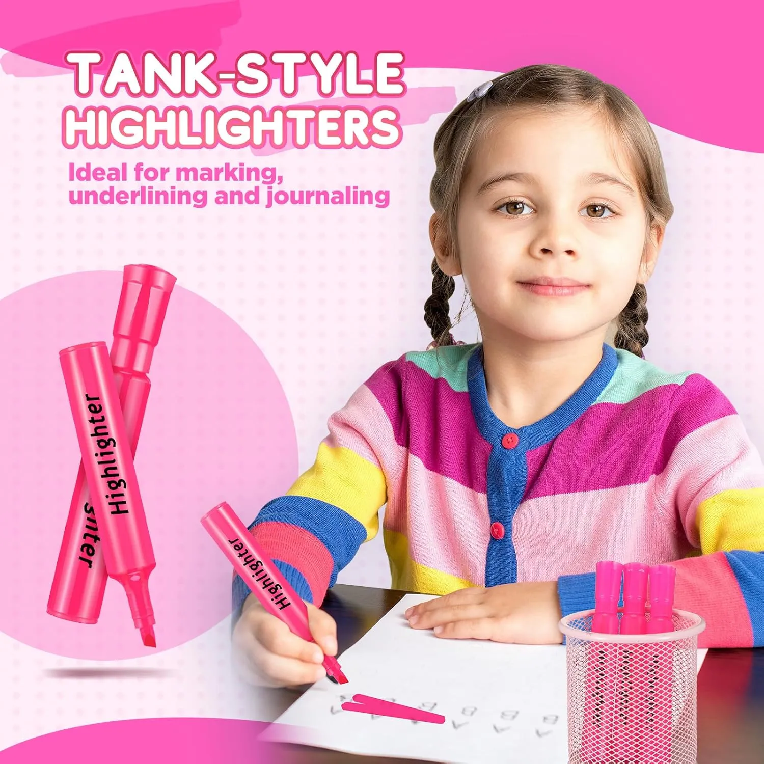 Qilery Tank Style Highlighters 72 Pack Chisel Tip Markers Quick Drying Fluorescent Highlighters for Kids Adult Home Classroom Office School Shop Supplies(Pink)