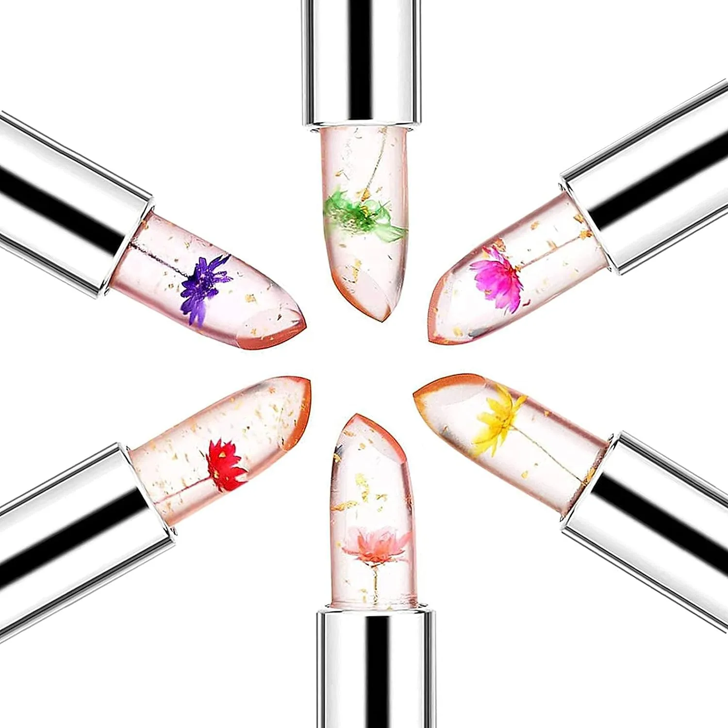 RanRui Crystal Flower Jelly Lipstick, 6 Pack, Pink, Magic Temperature Color Change, Long Lasting Nutritious Lip Balm, Lips Moisturizer