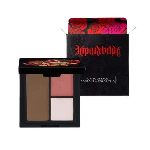 Reina Rebelde On Your Face Contour and Color Trio in Coqueta is a multi-use face palette formulated for medium to deep tone complexions. The trio features a pearlized warm-toned blush