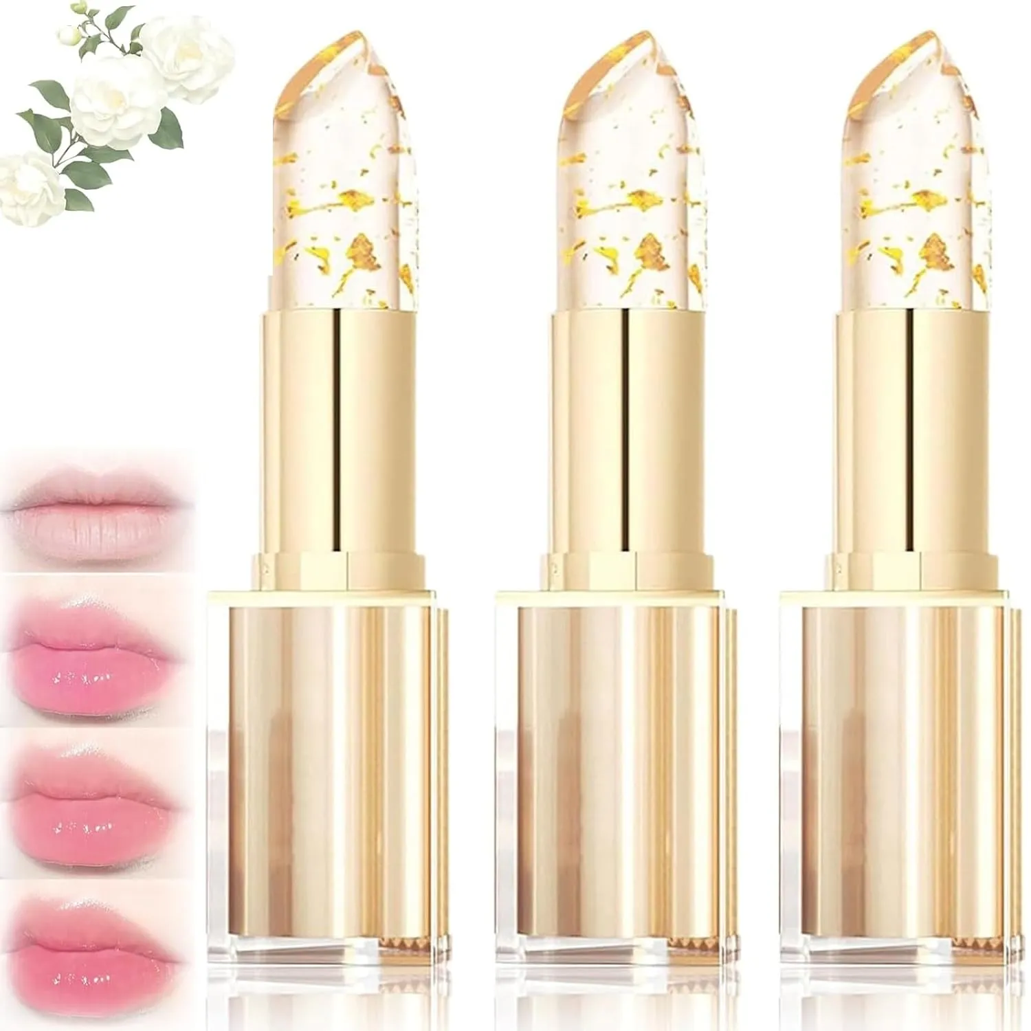 Remainder Lipstick, Beneficialn Transferproof Color Changing Lipstick, Gold Foil Moisturizing Glossy Shine Lip Gloss, Transparent Long Lasting 24 Hours, Deep Nourishment for Women (3Pcs)