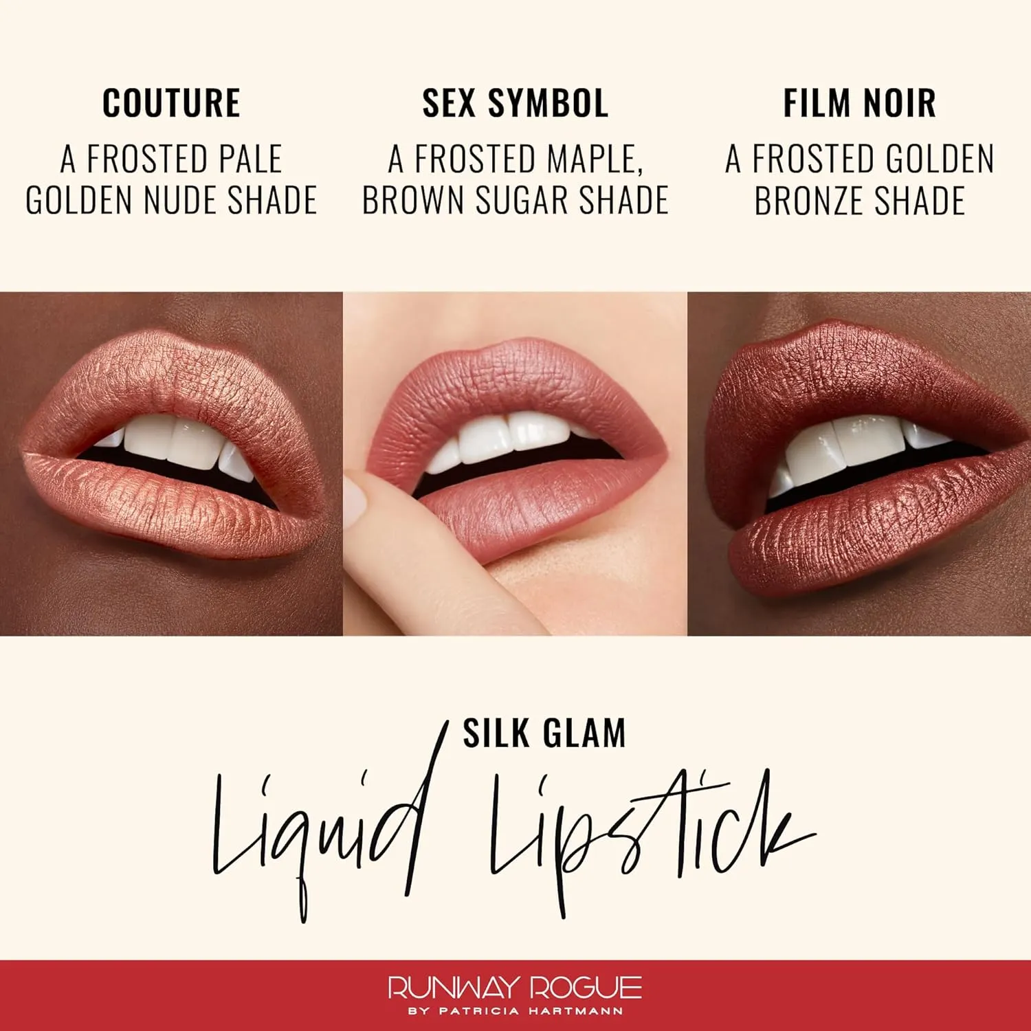 Runway Rogue Silk Glam Liquid Lipstick Lip Trio, Long Wear Frosted Liquid Lipstick Pack, (‘Couture’, ‘Sex Symbol’, ‘Film Noir’)