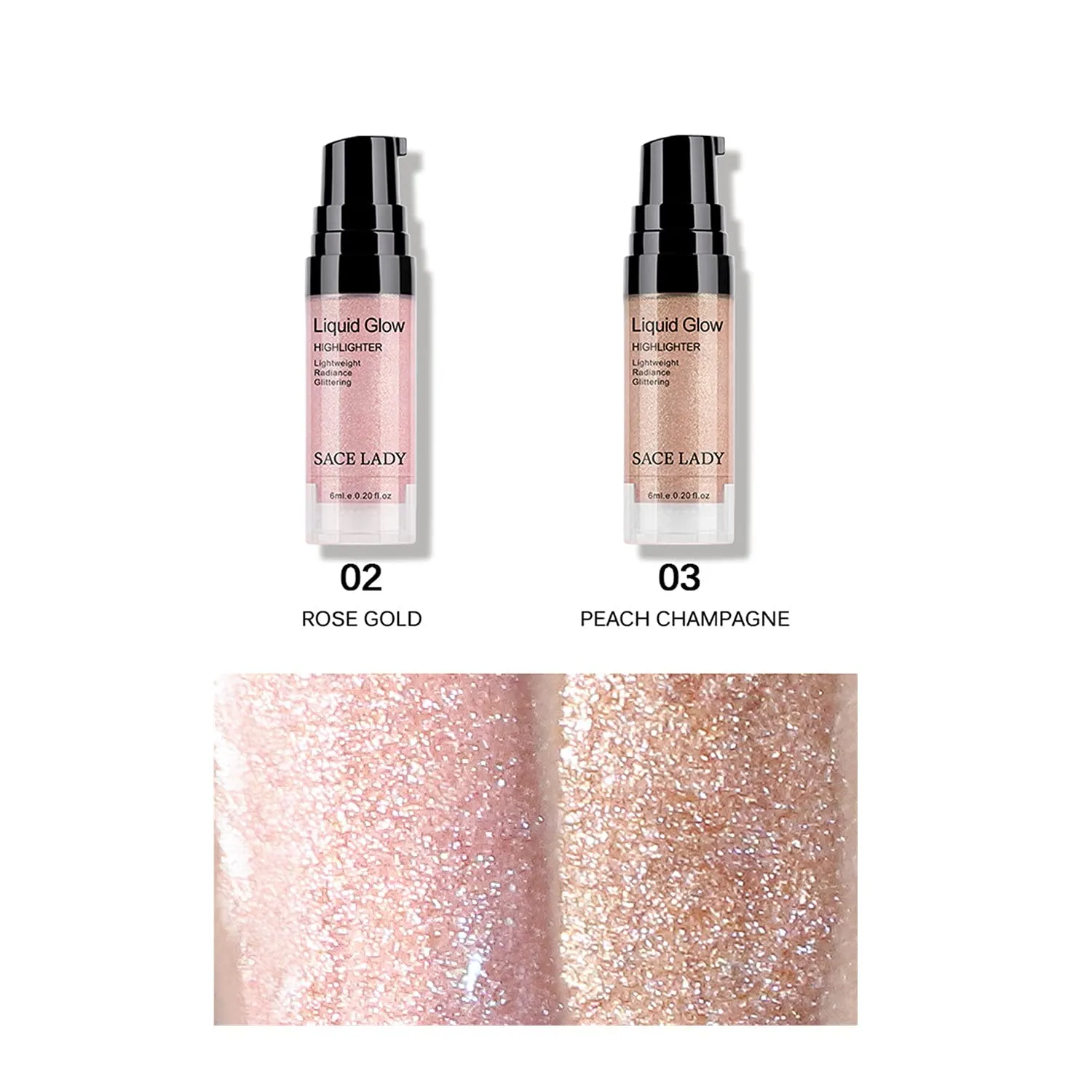 SACE LADY 2 Colors Liquid Highlighter Makeup Set Shimmer Shine Ultra-Smooth Radiant Illuminator Kit for Face Cheekbone Body Glow Bronzer Glitter Illuminating Highlighters Make-up, 2×0.2Fl Oz