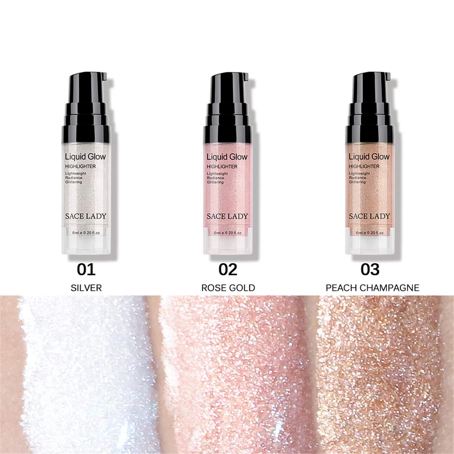 SACE LADY Liquid Highlighter Makeup Set Shimmer And Shine Ultra-Smooth Radiant Illuminator Kit For Face Cheekbone Body Glow Bronzer Glitter Illuminating Highlighters Makeups 3 Pack (3×6ml/0.2Fl Oz)