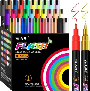 SFAIH Fine Tip Liquid Chalk Markers for Bhalkboard [1-Second Wet Wipe], 0.7-1mm 30 Colors [Neon Pastel Metallic], Chalk Pens for Chalkboard, Calendar, Windows, Glass, Includes Highlighter Color Marker