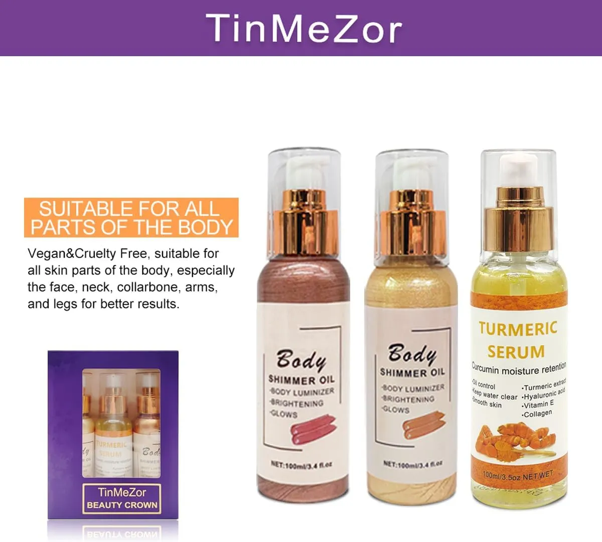 Shimmer Body Oil For Face & Body, Liquid Illuminator Body Highlighter Gold Brown Gold Liquid Taning (2pcs Shimmer Oil & Turmeric Serum)