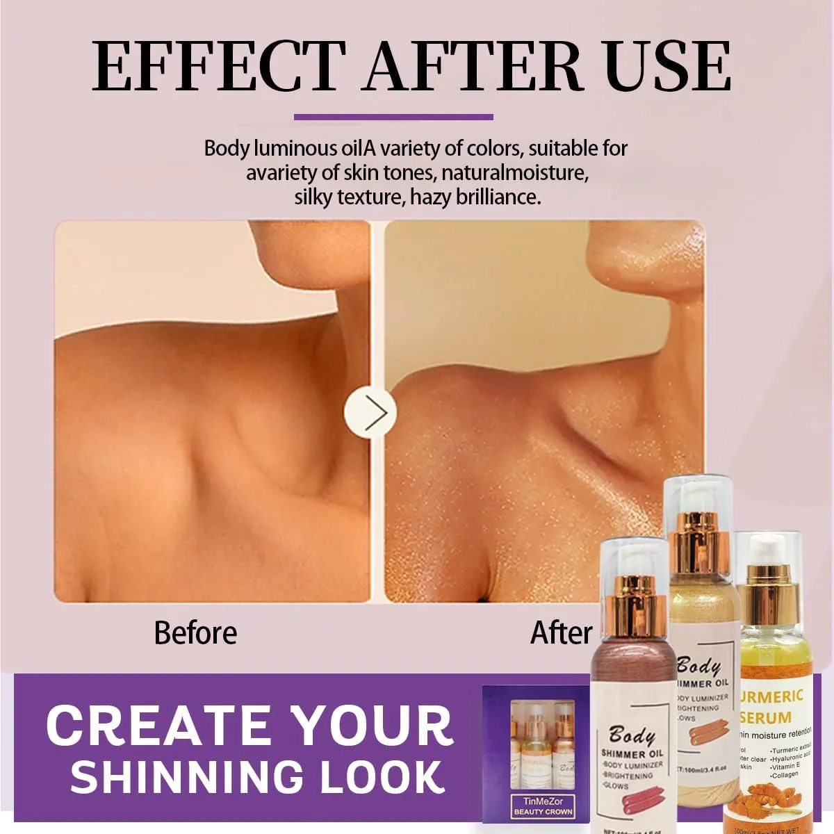 Shimmer Body Oil For Face & Body, Liquid Illuminator Body Highlighter Gold Brown Gold Liquid Taning (2pcs Shimmer Oil & Turmeric Serum)