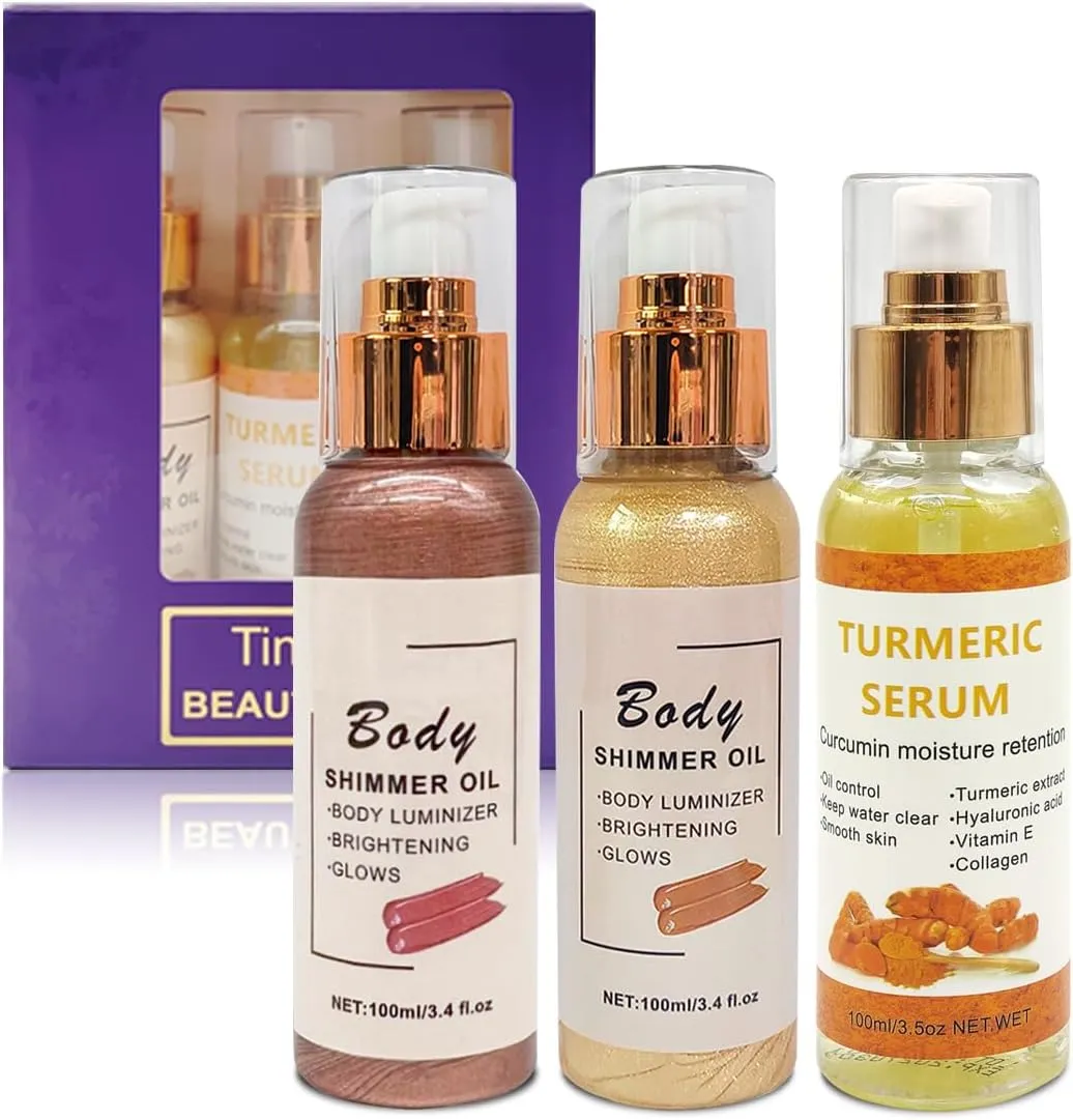 Shimmer Body Oil For Face & Body, Liquid Illuminator Body Highlighter Gold Brown Gold Liquid Taning (2pcs Shimmer Oil & Turmeric Serum)