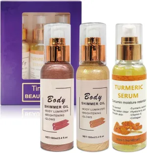Shimmer Body Oil For Face & Body, Liquid Illuminator Body Highlighter Gold Brown Gold Liquid Taning (2pcs Shimmer Oil & Turmeric Serum)