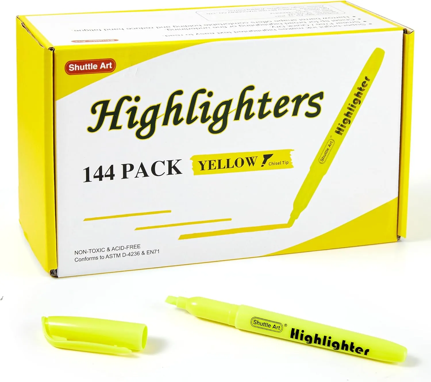 Shuttle Art 144 Pack Highlighters, Yellow Highlighter Pen Bulk with Versatile Chisel Tip Dry-Quickly Non-Toxic Highlighter Markers for Adults Kids Highlighting in Home School Office