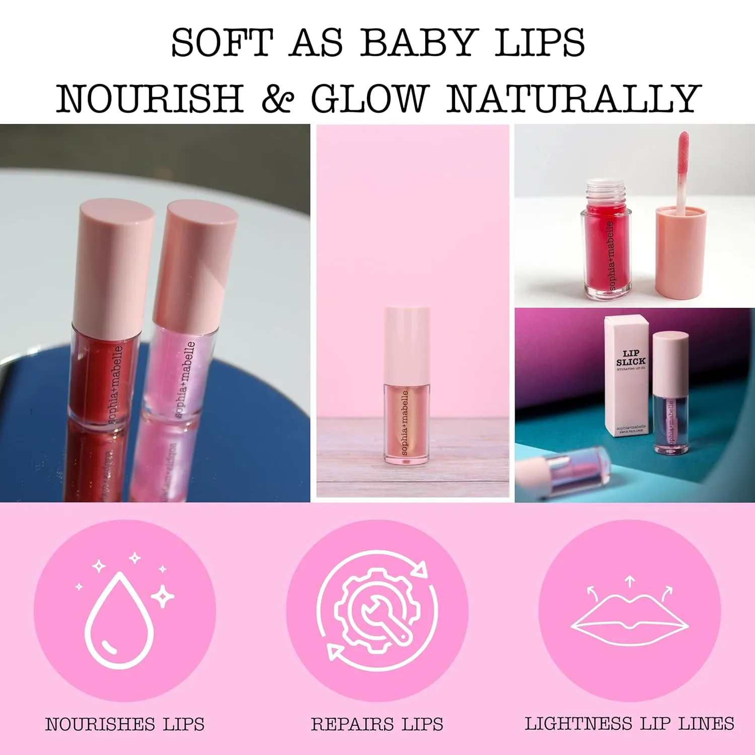 Sophia   Mabelle Hydrating Lip Oil – Lightweight, Non-Sticky & High-Shine Lip Gloss Oil – Moisturizing, Nourishing, Soothing Tinted Formula for Soft Lips – 3.7g (Cabana Service (Peach), 3.7g)