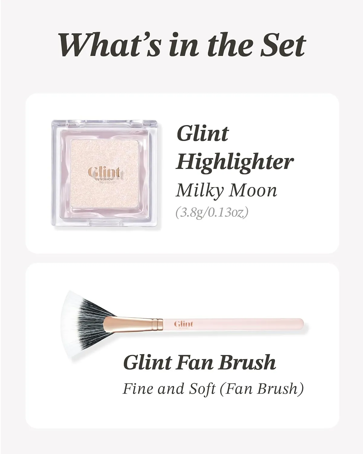 Spring Event Glint Highlighter Special Set (Milky Moon(Set), 0.08oz   Fan Brush) - Baked Highlighter for Natural Glow. Korean Makeup by LG Beauty. Rich Pigment, Silky Touch, Shimmer.