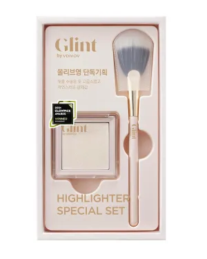 Spring Event Glint Highlighter Special Set (Milky Moon(Set), 0.08oz   Fan Brush) - Baked Highlighter for Natural Glow. Korean Makeup by LG Beauty. Rich Pigment, Silky Touch, Shimmer.