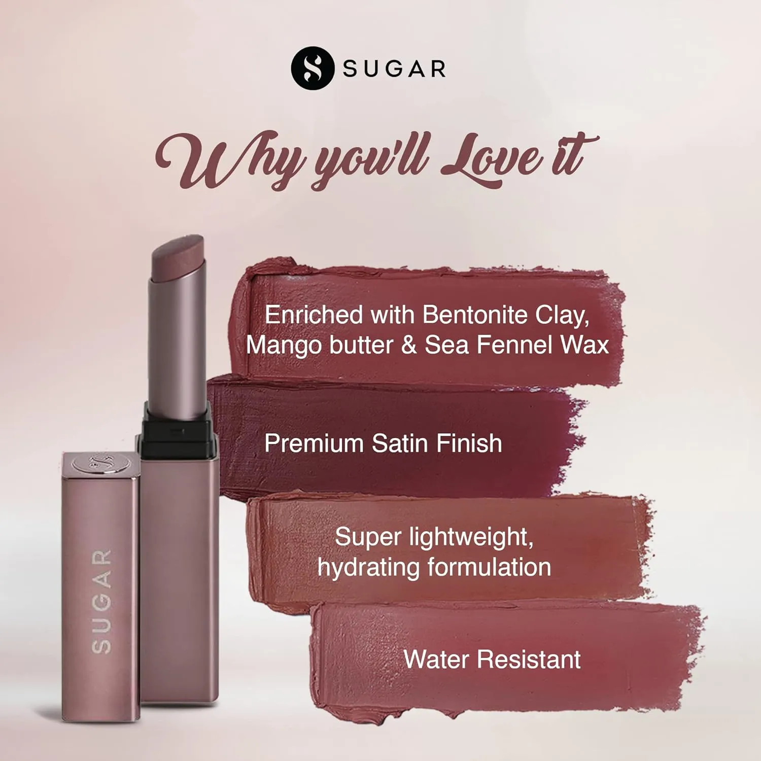 SUGAR Cosmetics Mettle Satin Lipstick07 Gabriella (Soft Dusty Nude/Nude Pink) Super Hydrating, Smoothens Fine Lines
