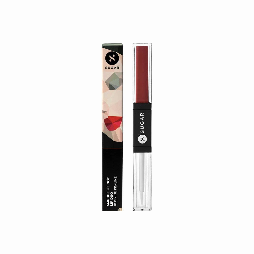 SUGAR Cosmetics Smudge Me Not Lip Duo - 18 Divine Praline (Dusty Burgundy) 2 In 1 Lipstick, Matte Finish, Glossy Finish, Hydrating Formula