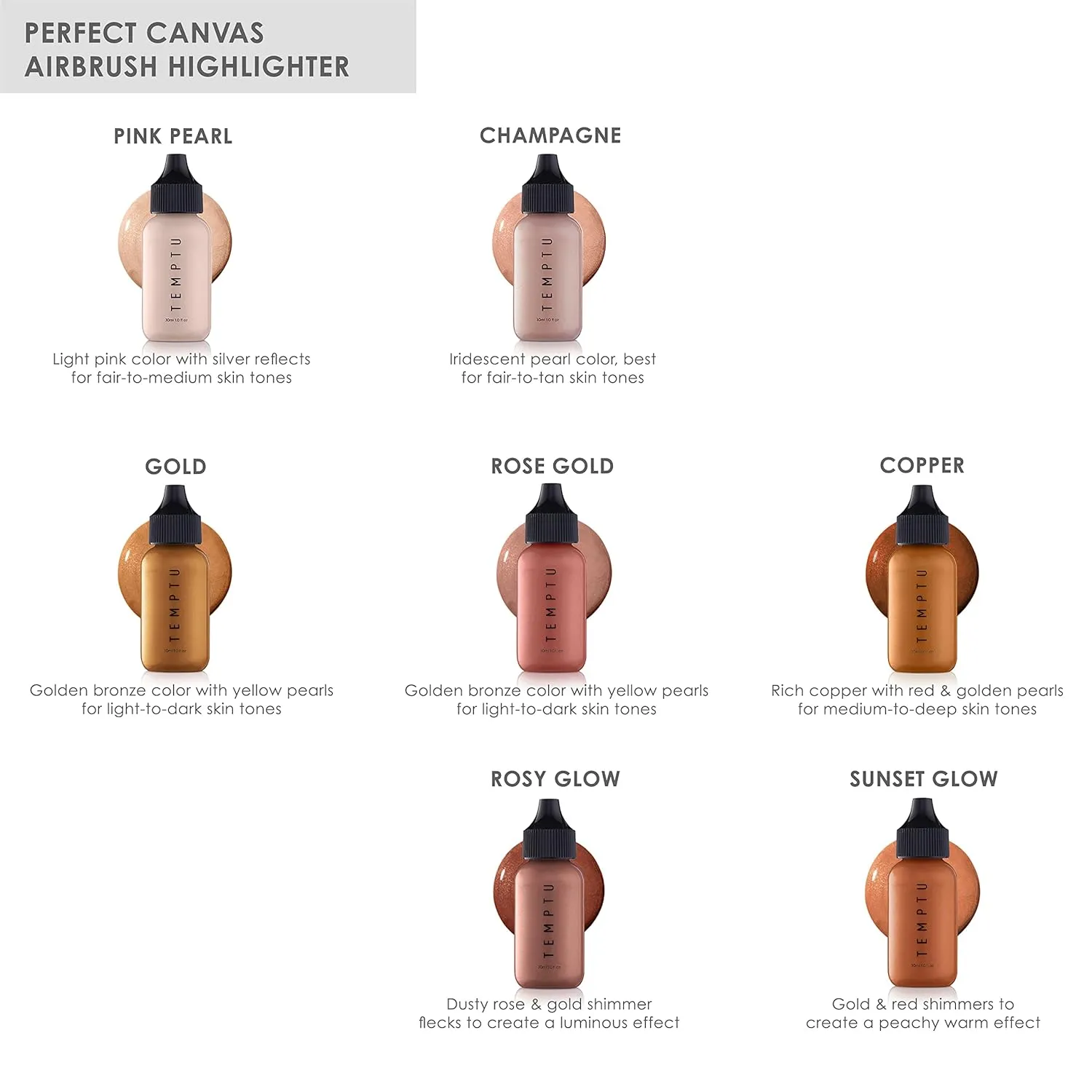 TEMPTU Perfect Canvas Airbrush Highlighter: Long-Wear, Layerable, Light-Reflecting Radiance & Shimmer, Natural-Looking Luminosity, Weightless Illuminator, Buildable Formula, 7 Shades