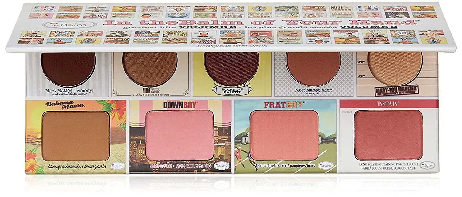 theBalm of Your Hand Greatest Hits Vol. 2 Face Palette, Long Lasting. 4 Blendable Eyeshadows, 3 Blush Colors, Matte Bronzer, Champagne-Hued Highlighter