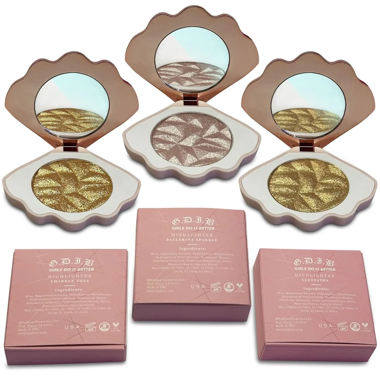 Three (3) Highlighting Face Powder Illuminator - Bighiza Girls Do It Better - Glow Highlighters Natural Shimmer Powder Makeup - 1 Pink Shimmer & 2 Gold Shimmer